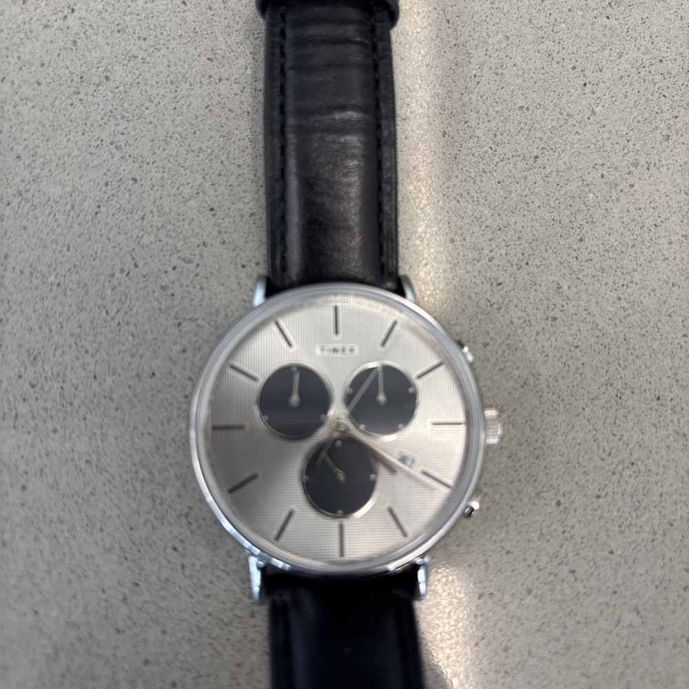 Timex Silver Dial with Black Subdials and Black Leather Strap Men’s Watch